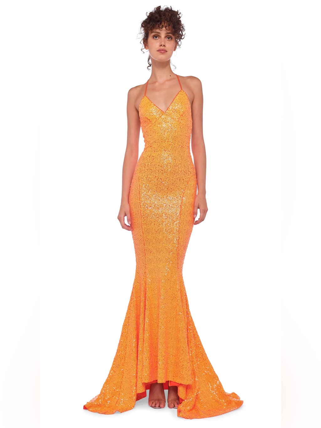 Norma Kamali Sequin Low Back Slip Mermaid Fishtail Gown Neon Orange ~ Nwt S/Xs